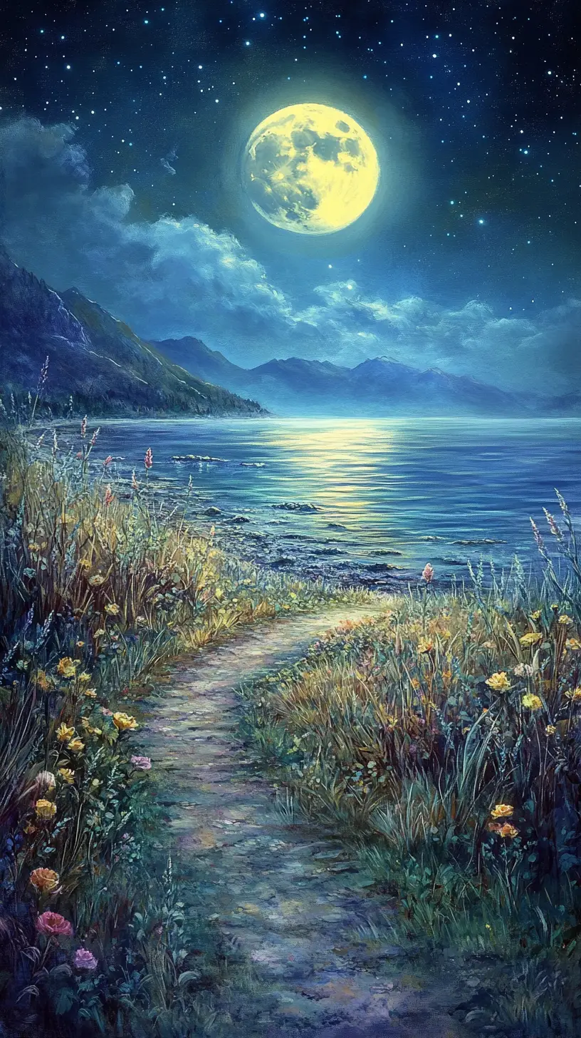 Moonlit path through pampas grass to a tranquil lake