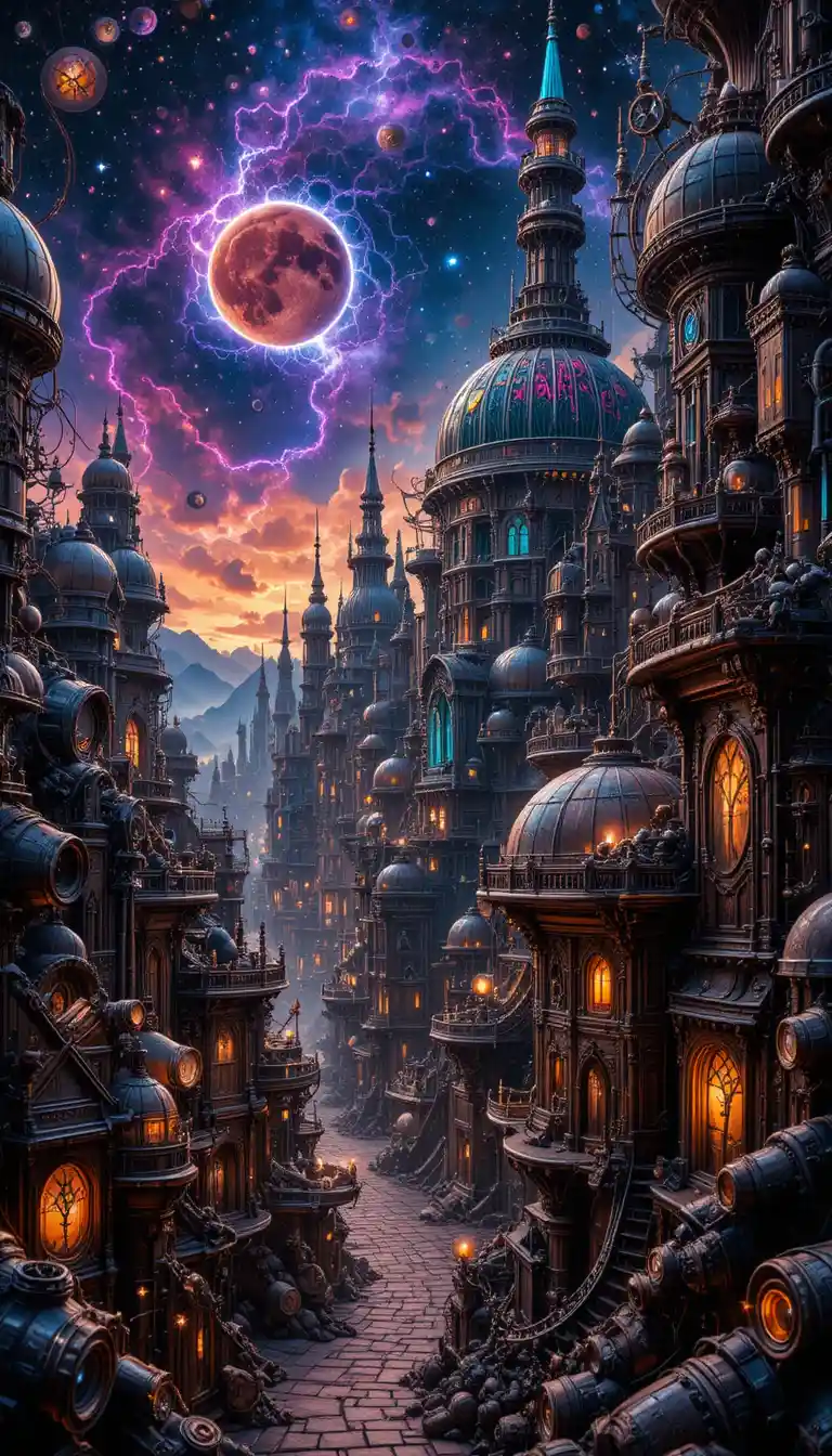 Vibrant steampunk cityscape with neon gears and cosmic sky