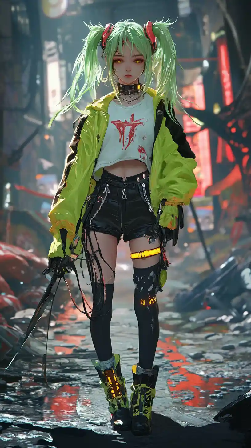Anime girl in neon cyberpunk city with floating swords