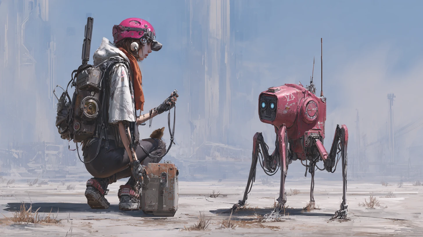 Armed scavenger woman and droid in ruined wasteland