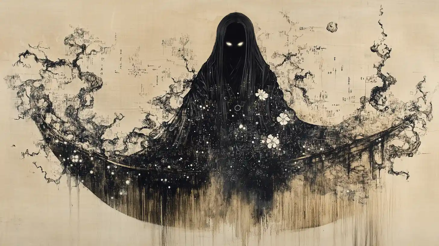Elegant ink psychopomp emerging from sweeping sumi e brushstrokes