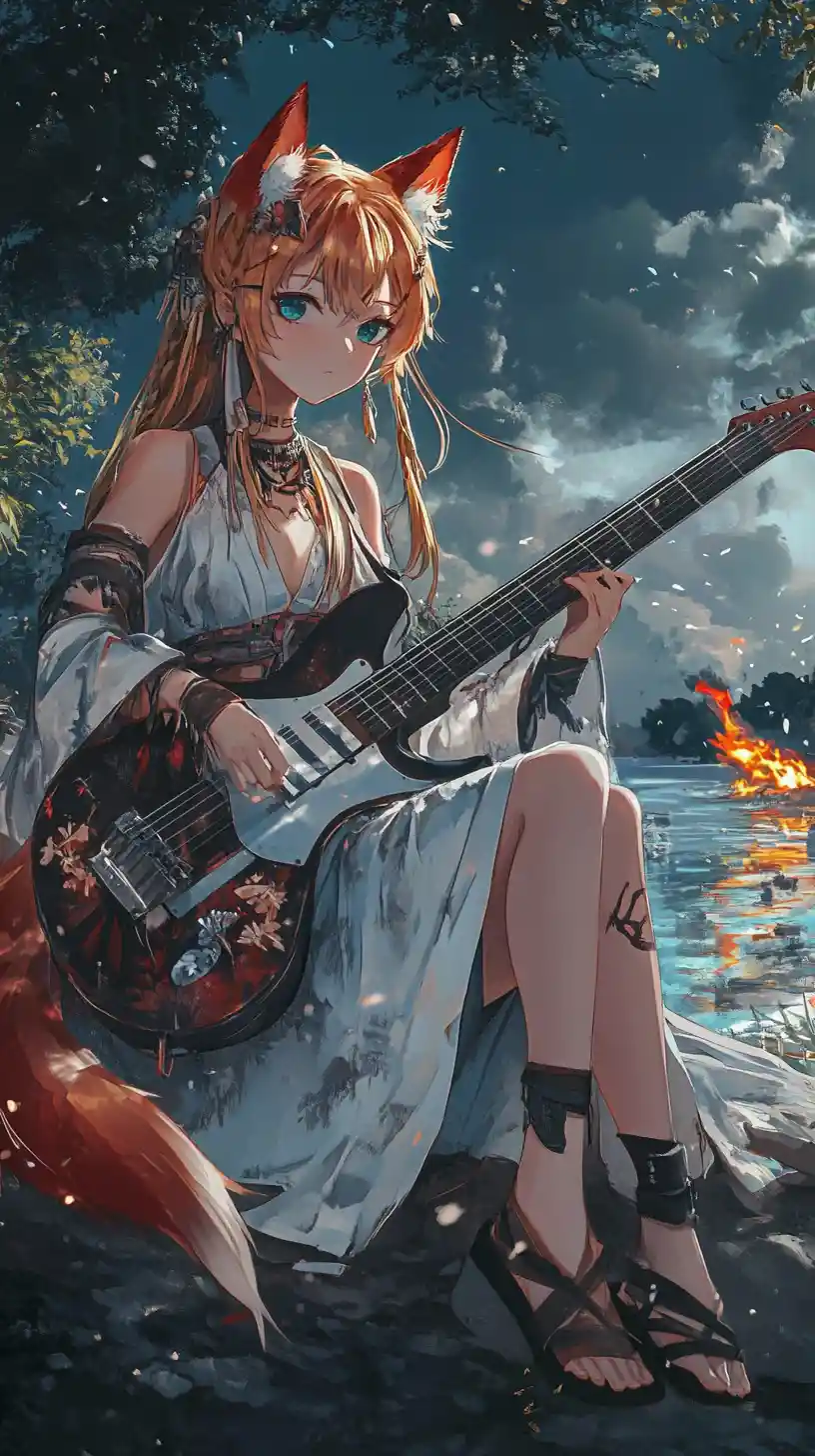 Girl playing guitar by a bonfire on a night beach