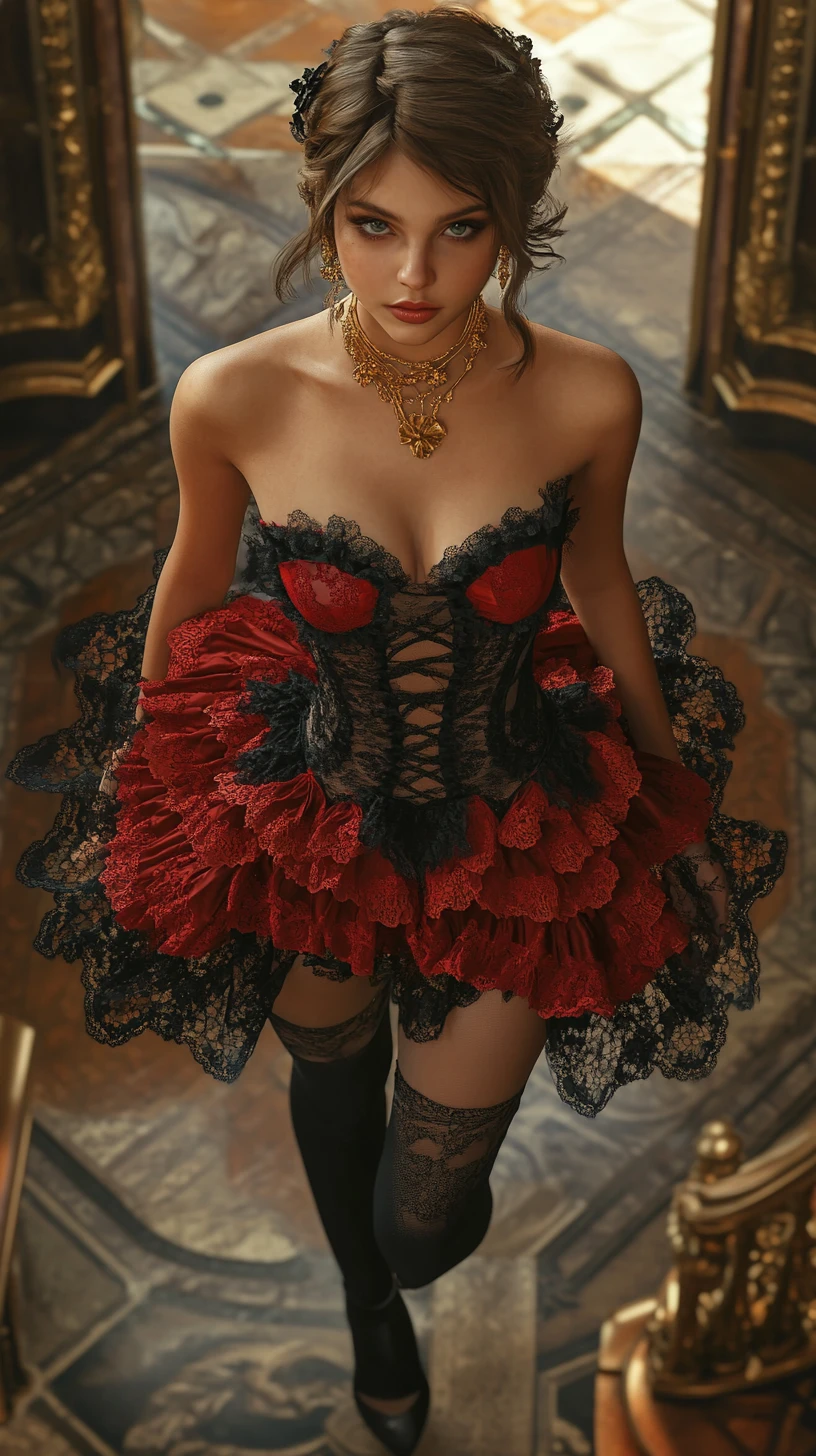 Elegante donna in abito di pizzo che cammina nel corridoio di un palazzo