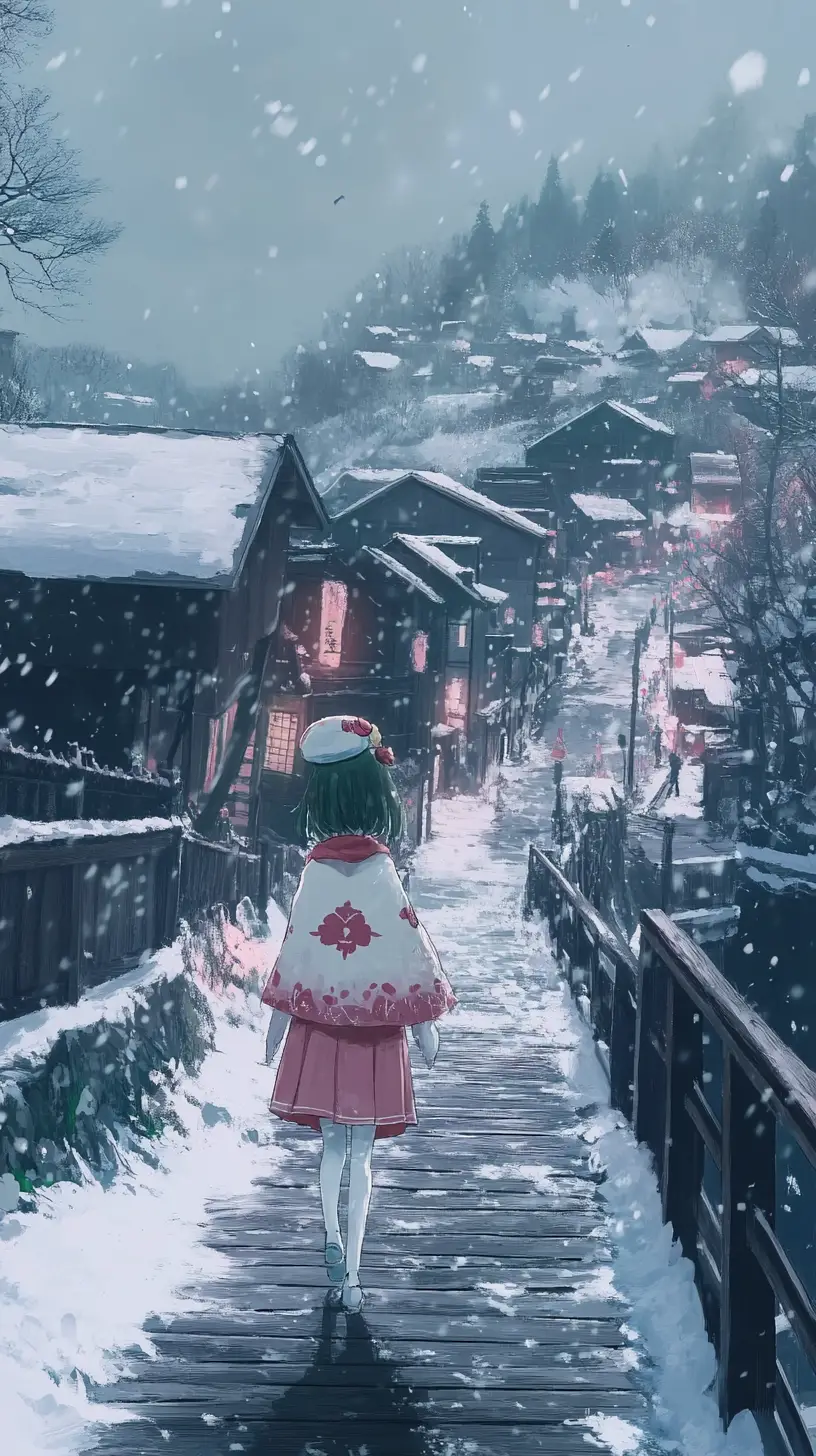 Anime girl walking with a dog across a wooden bridge