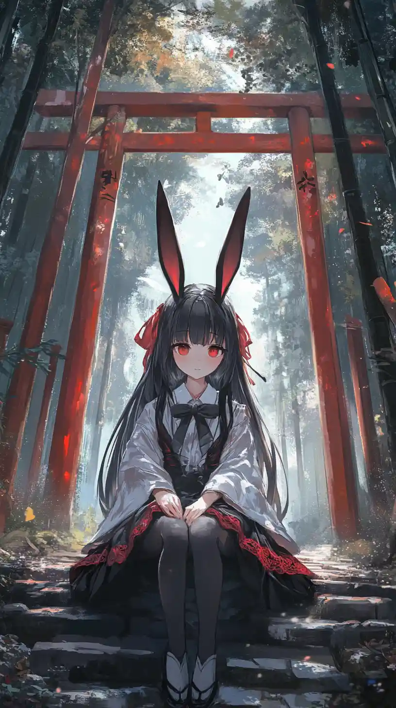 Anime girl on a stone path in a tranquil bamboo forest