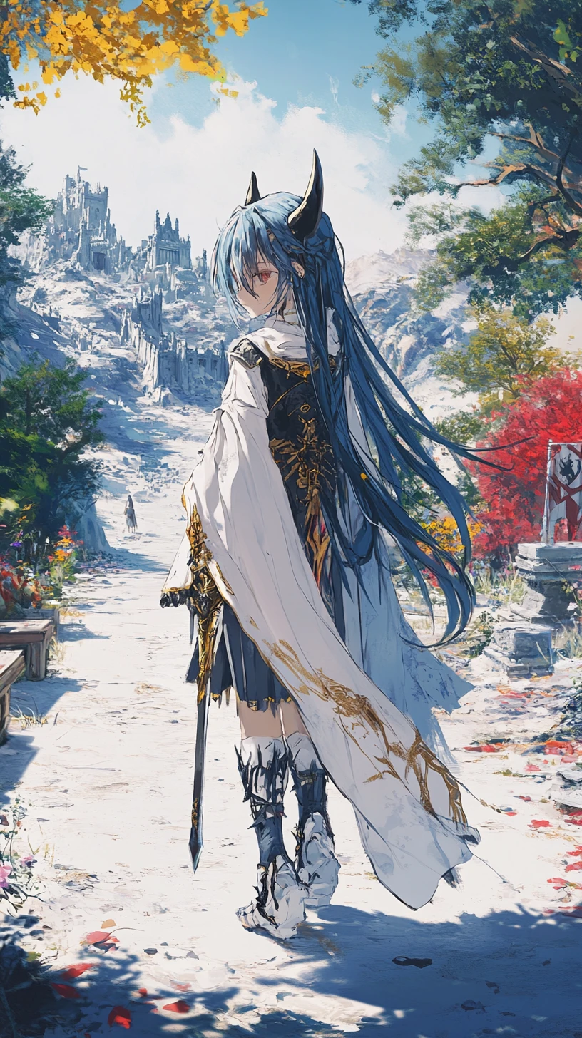 Fantasy desert camp of white and blue tents with statue