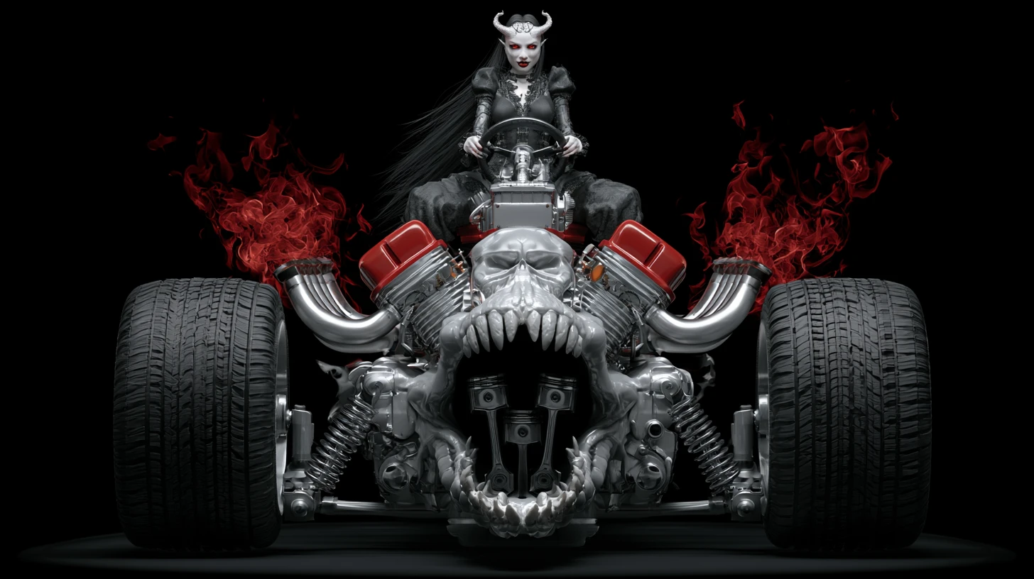 Moteur V8 démoniaque avec gueule monstrueuse et flammes