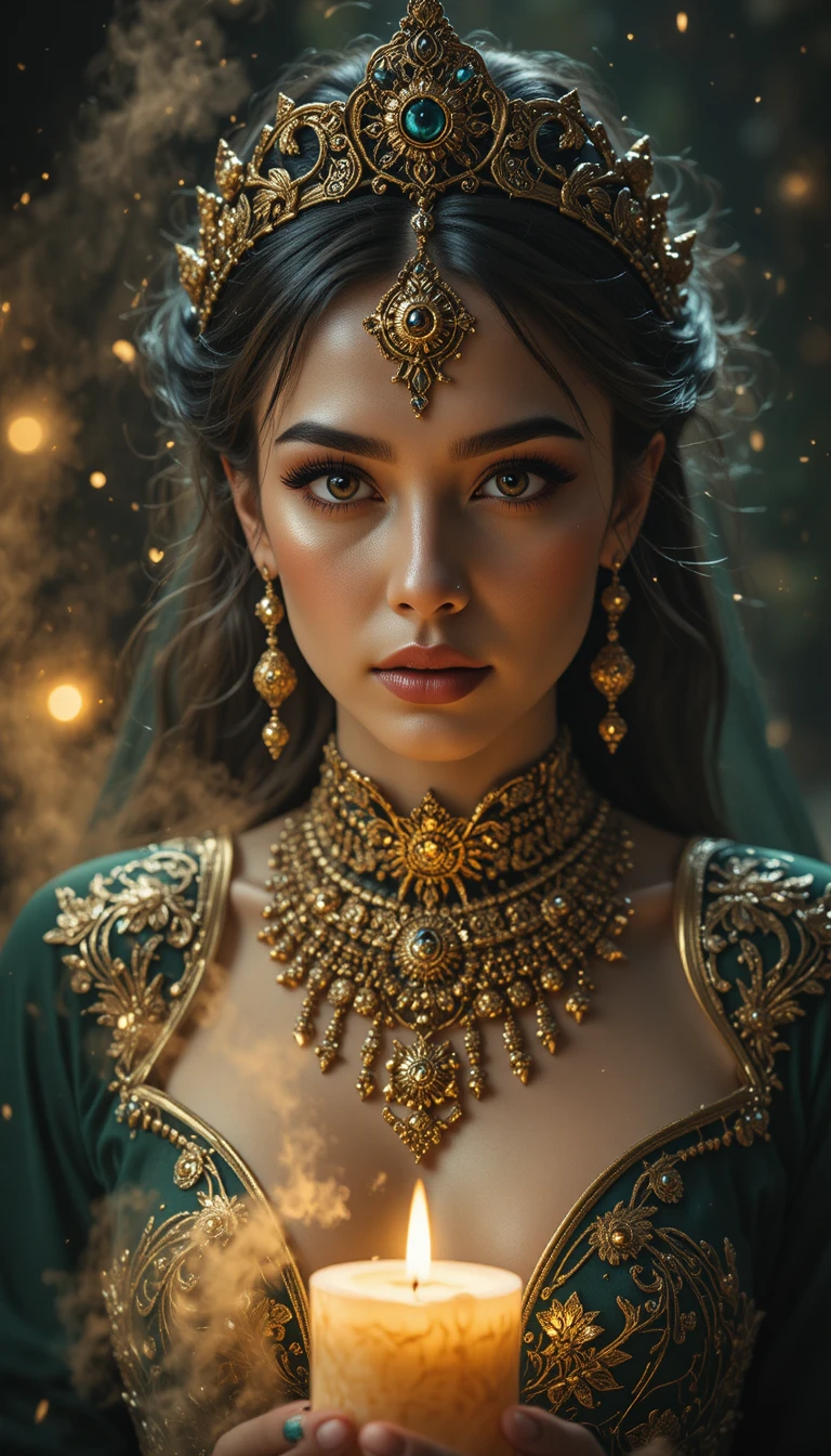 Fortune teller in green gown lit by drifting golden dust