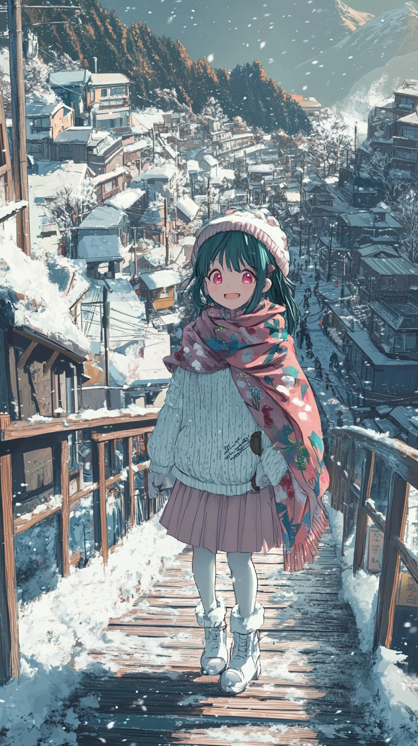 Anime girl walking with dog across a wooden bridge