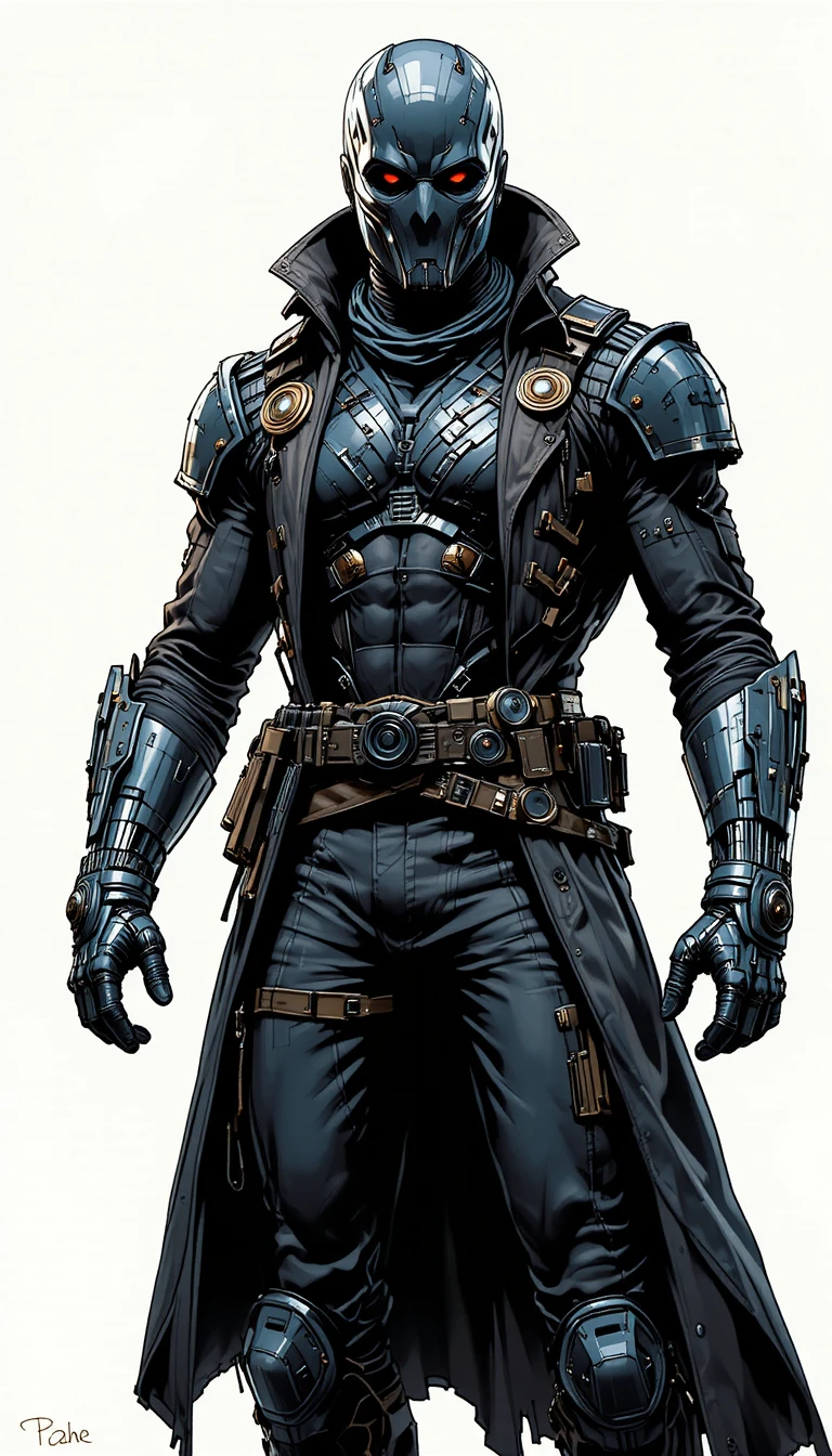 Masked space pirate in futuristic armor and trench coat