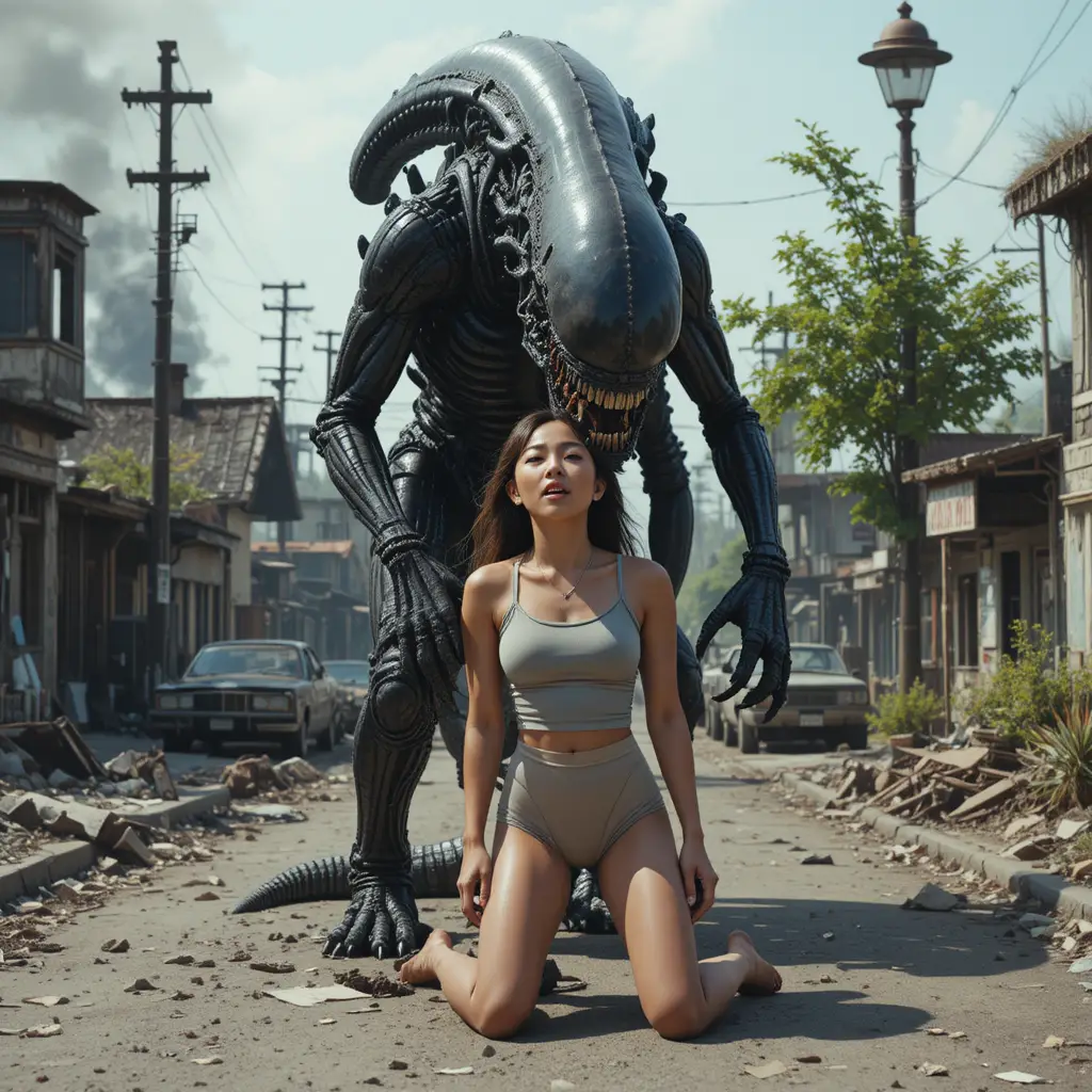 Giant alien monster attacking woman on ruined city street