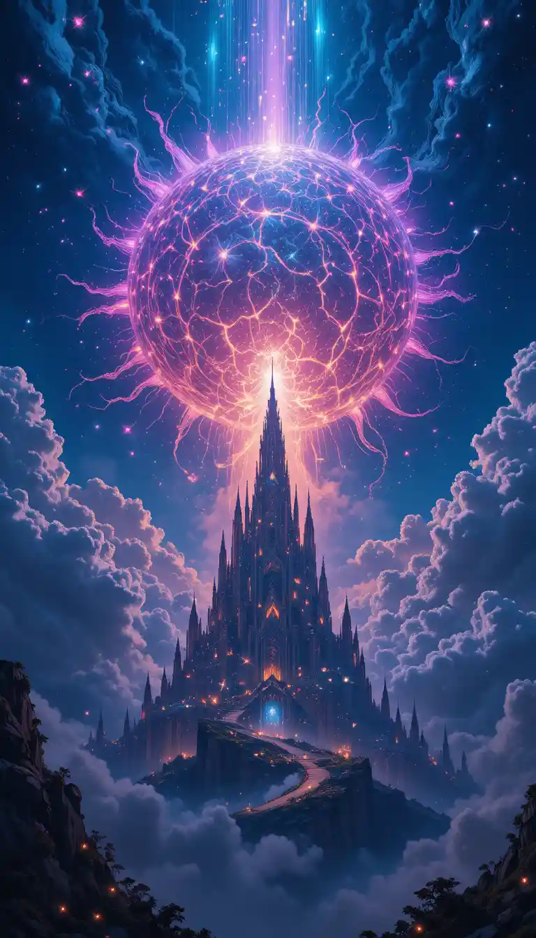 Surreal fantasy city beneath a dark eclipsed sun