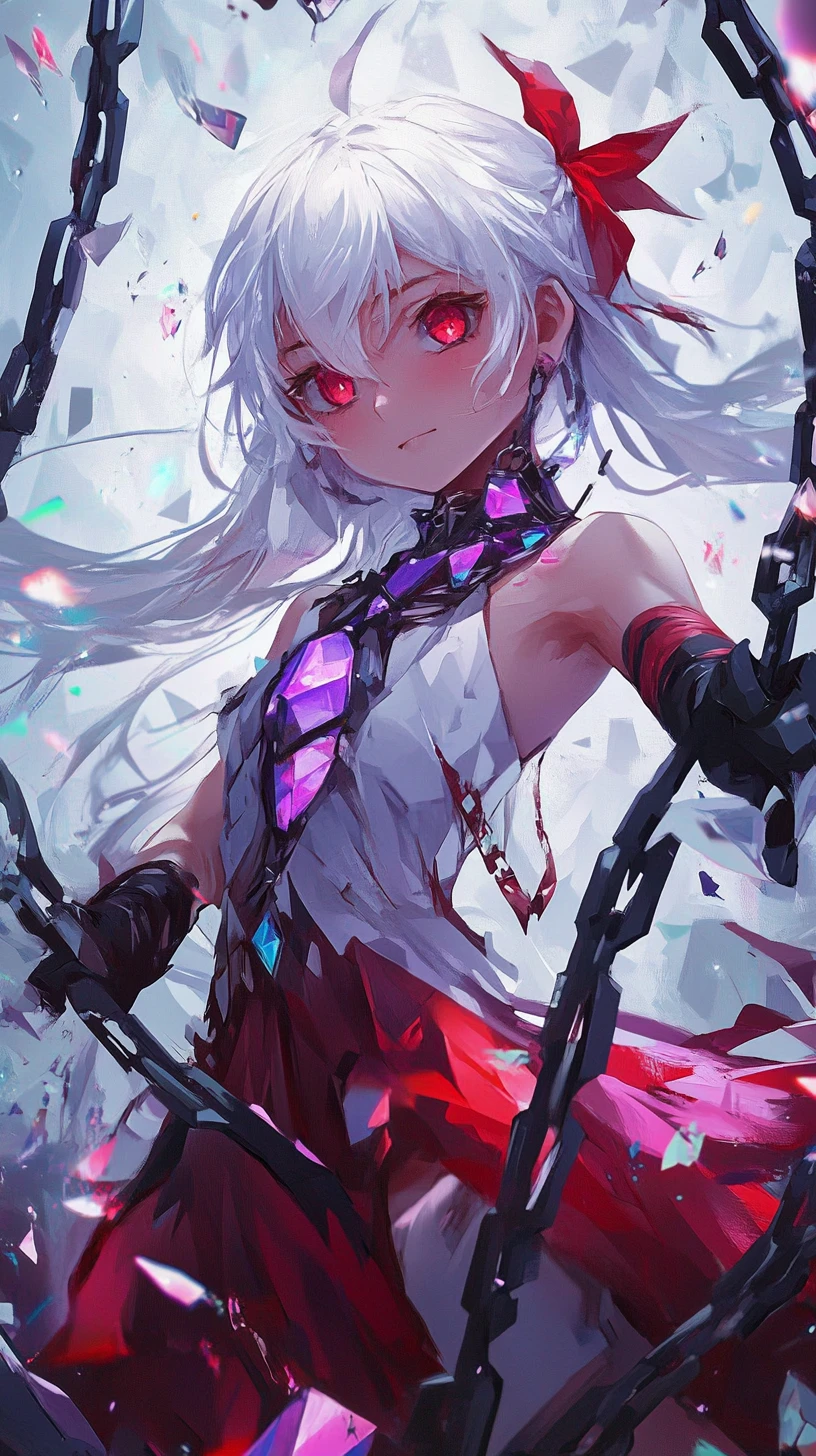 Anime girl with crystal arm wielding a dark crystal sword