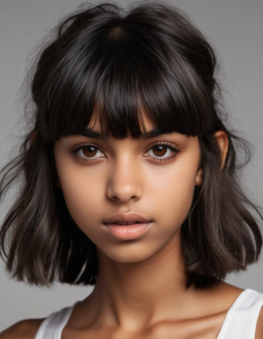 Young woman profile portrait with dark shaggy hair