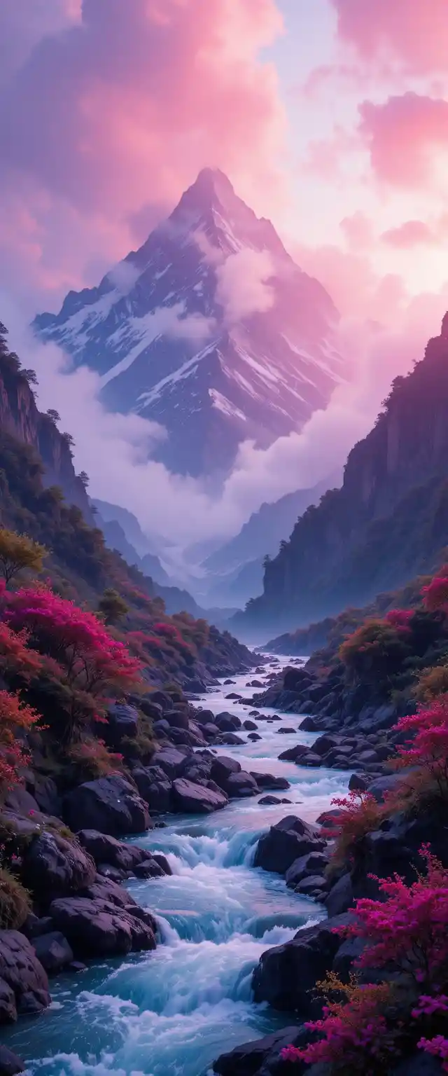 Misty mountain landscape with crystal clear valley stream