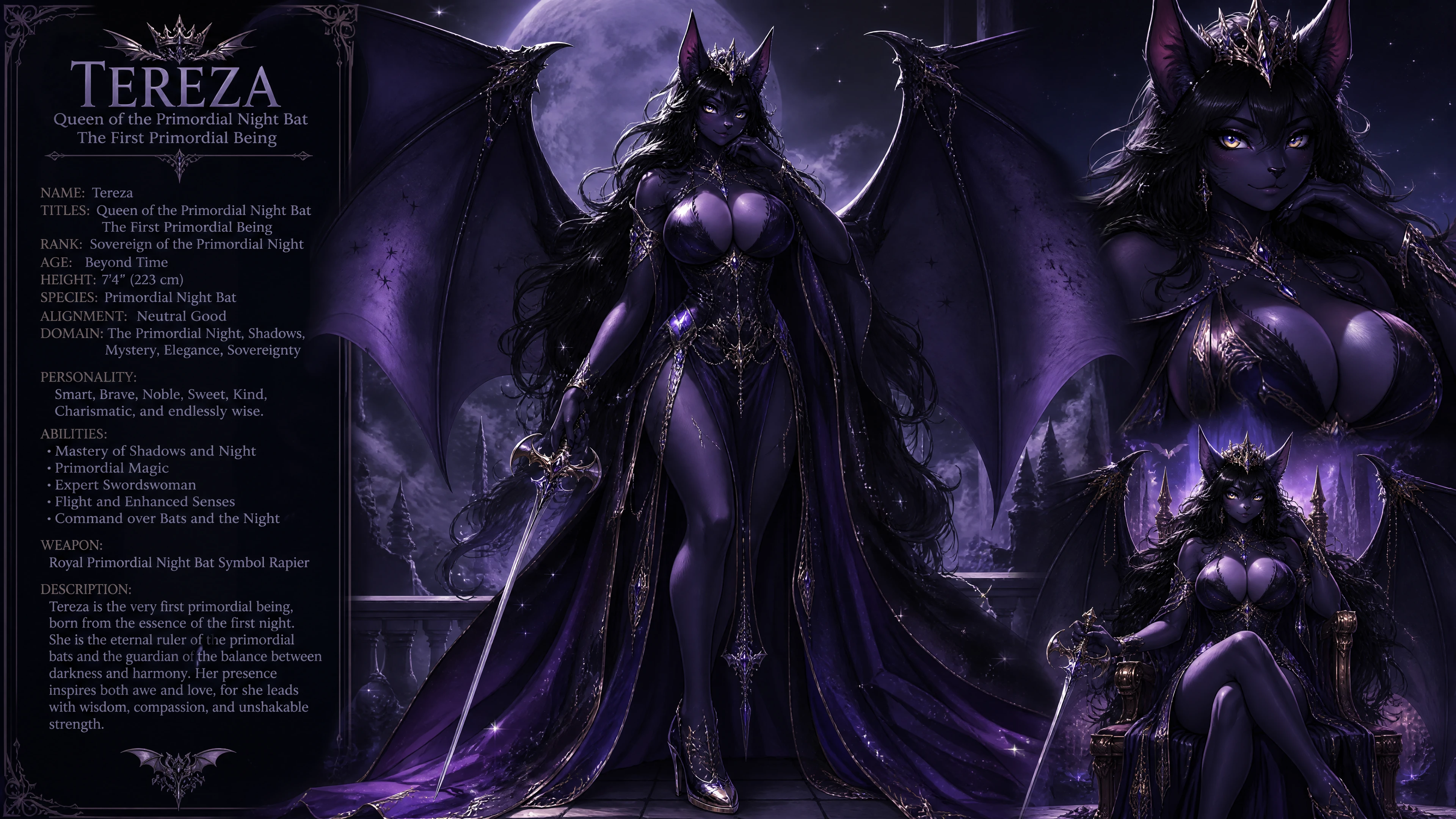 Winged primordial bat queen with flowing dark hair