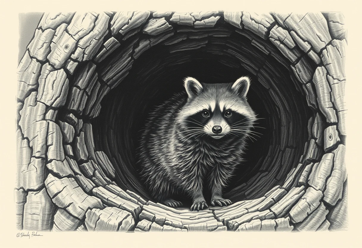 Curious raccoon inside an ancient hollow tree etching print