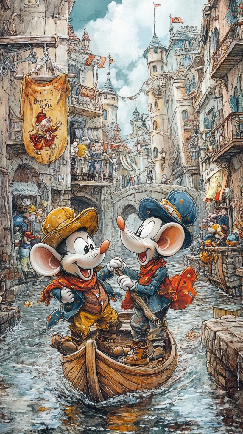 Cartoon mouse characters exploring a colorful city scene