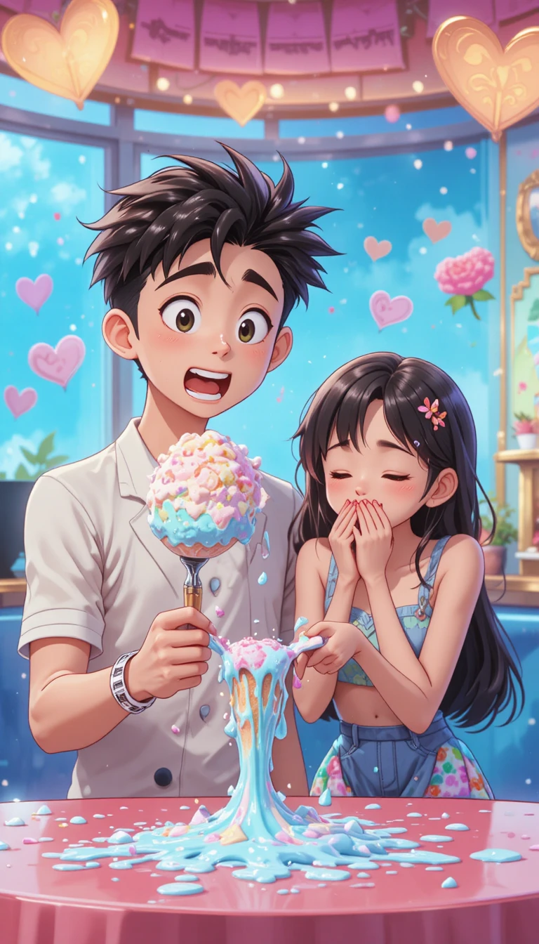 Awkward anime date with melting ice cream on stage
