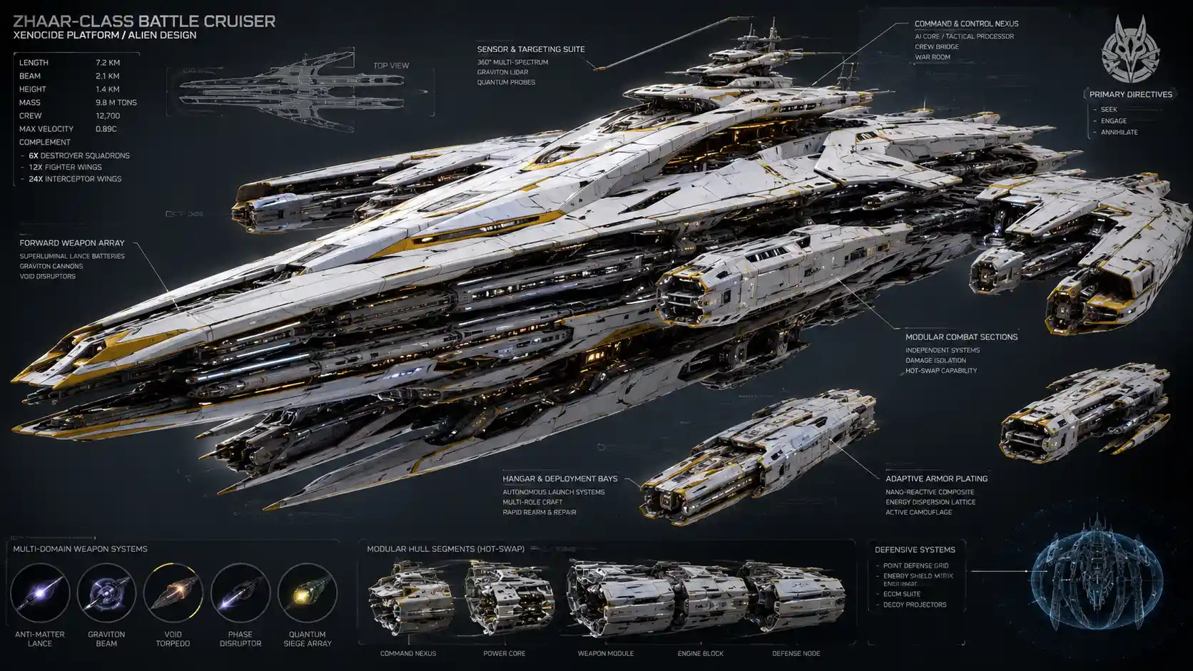 Futuristic alien battle cruiser with advanced weapons and sensors