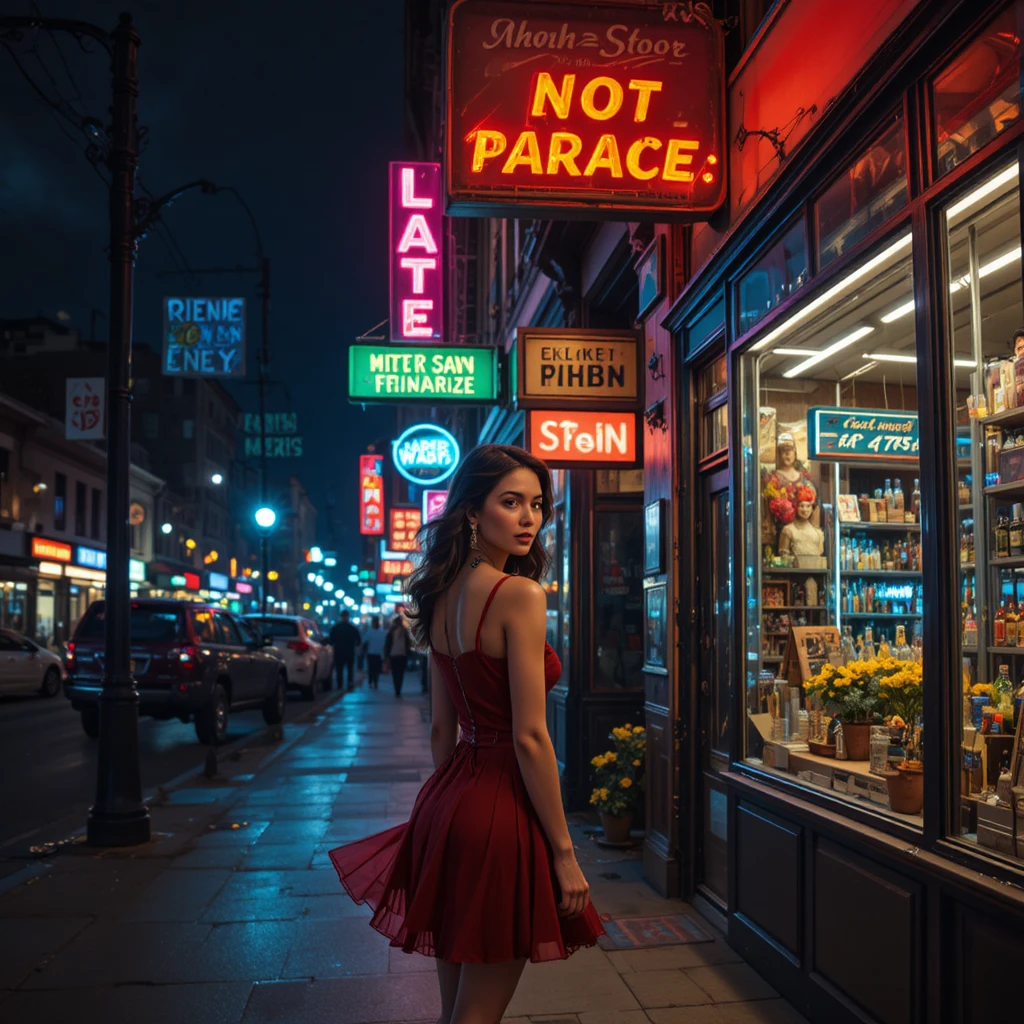 Girl under neon signs on a vibrant city street