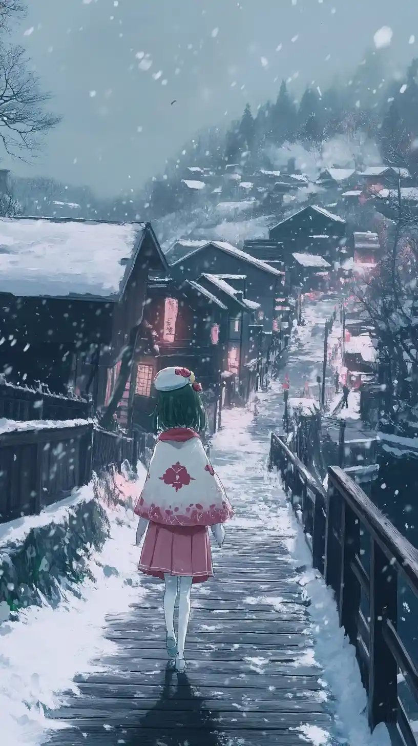Anime girl walking with a dog across a wooden bridge