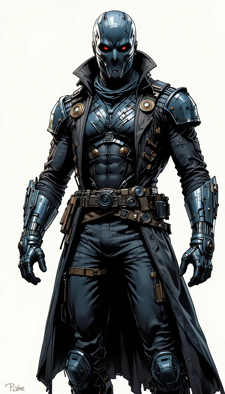 Masked space pirate in futuristic armor and trench coat