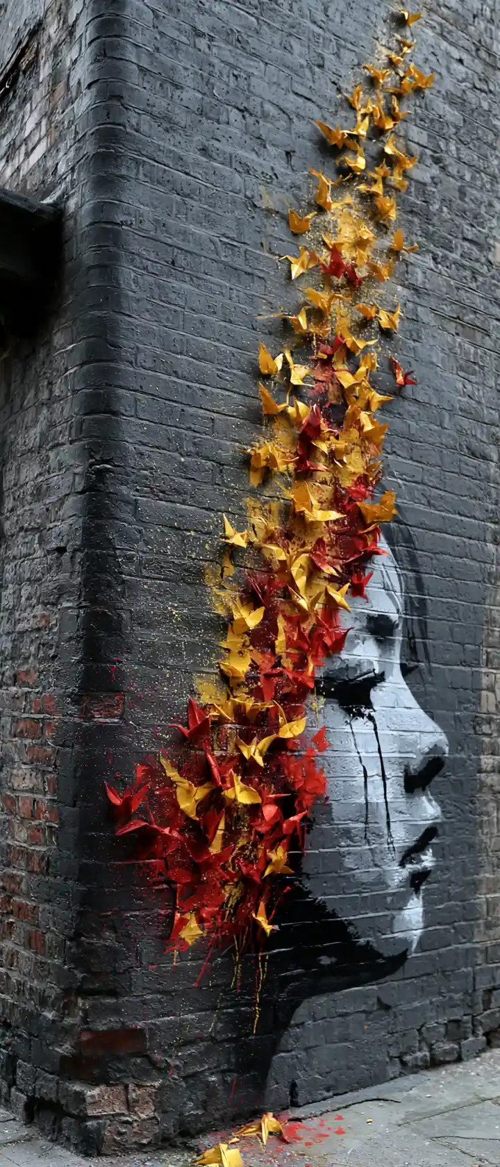 Vertical mural of weeping anime face and rising origami cranes
