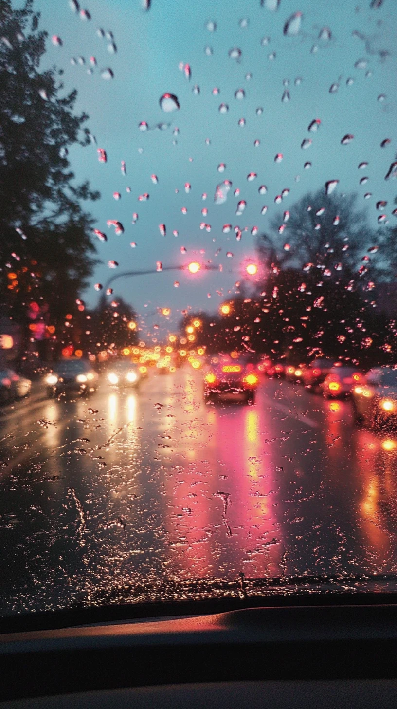 Rainy close up of a windshield at dusk with glistening drops