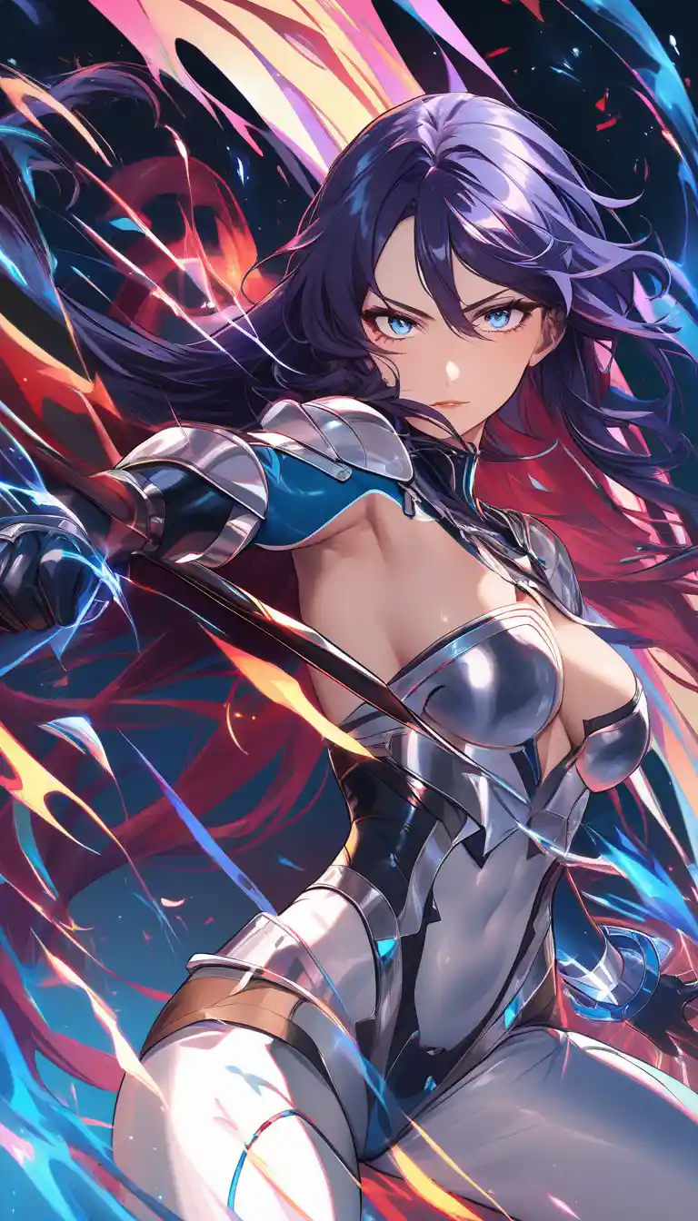 Blue eyed anime warrior woman in sleek bodysuit armor
