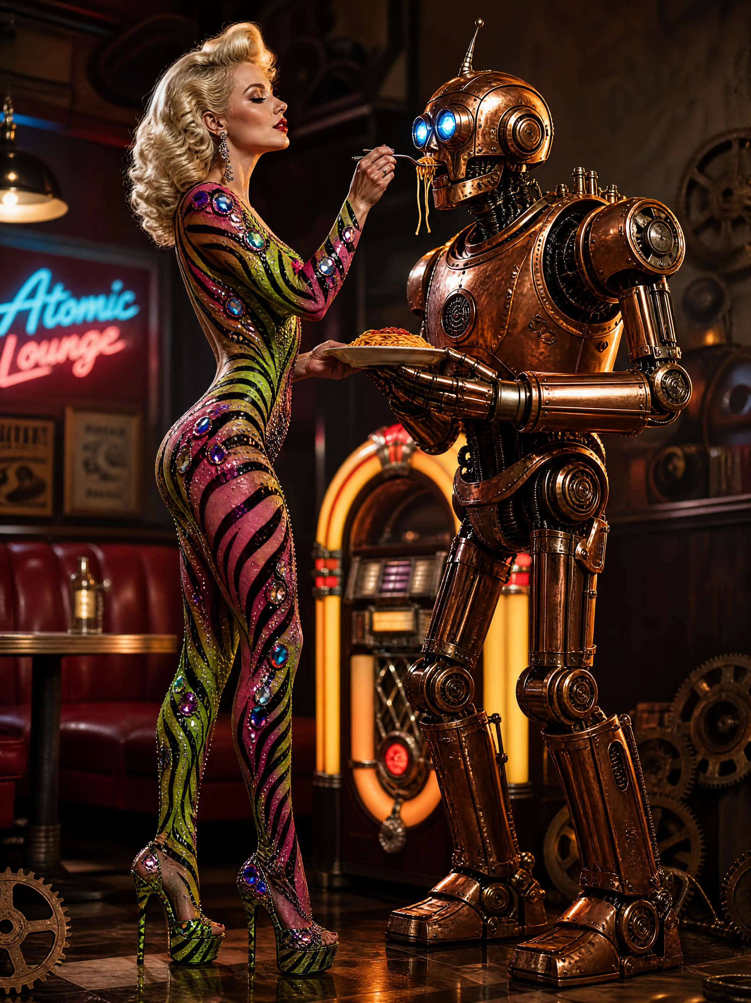 Glamorous Woman Feeding Spaghetti To A Copper Robot