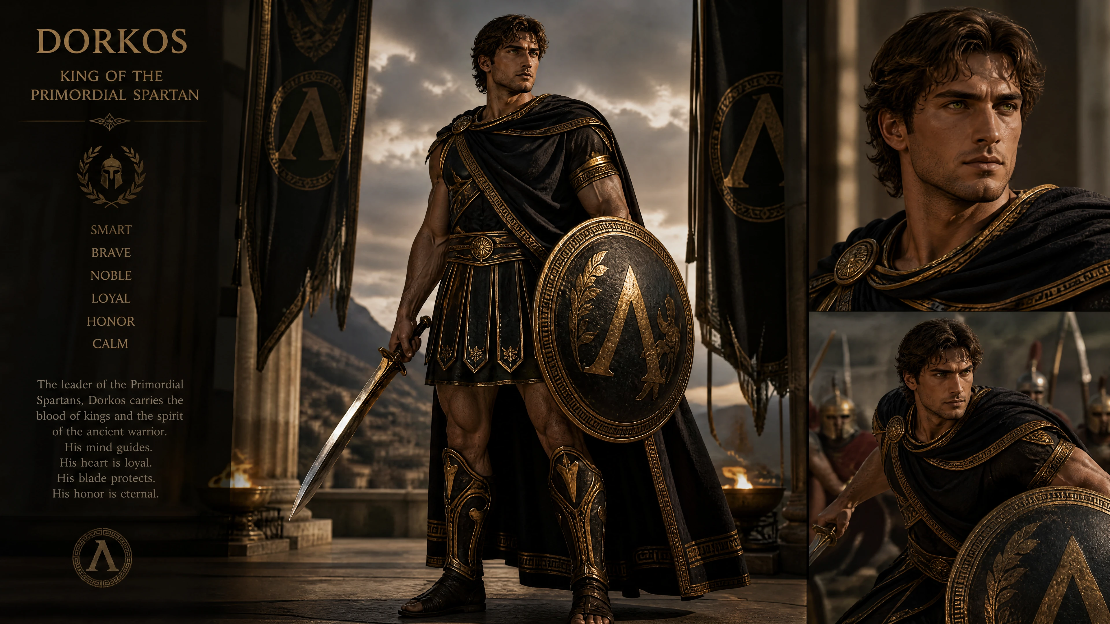 Noble Spartan king in ancient royal battle attire