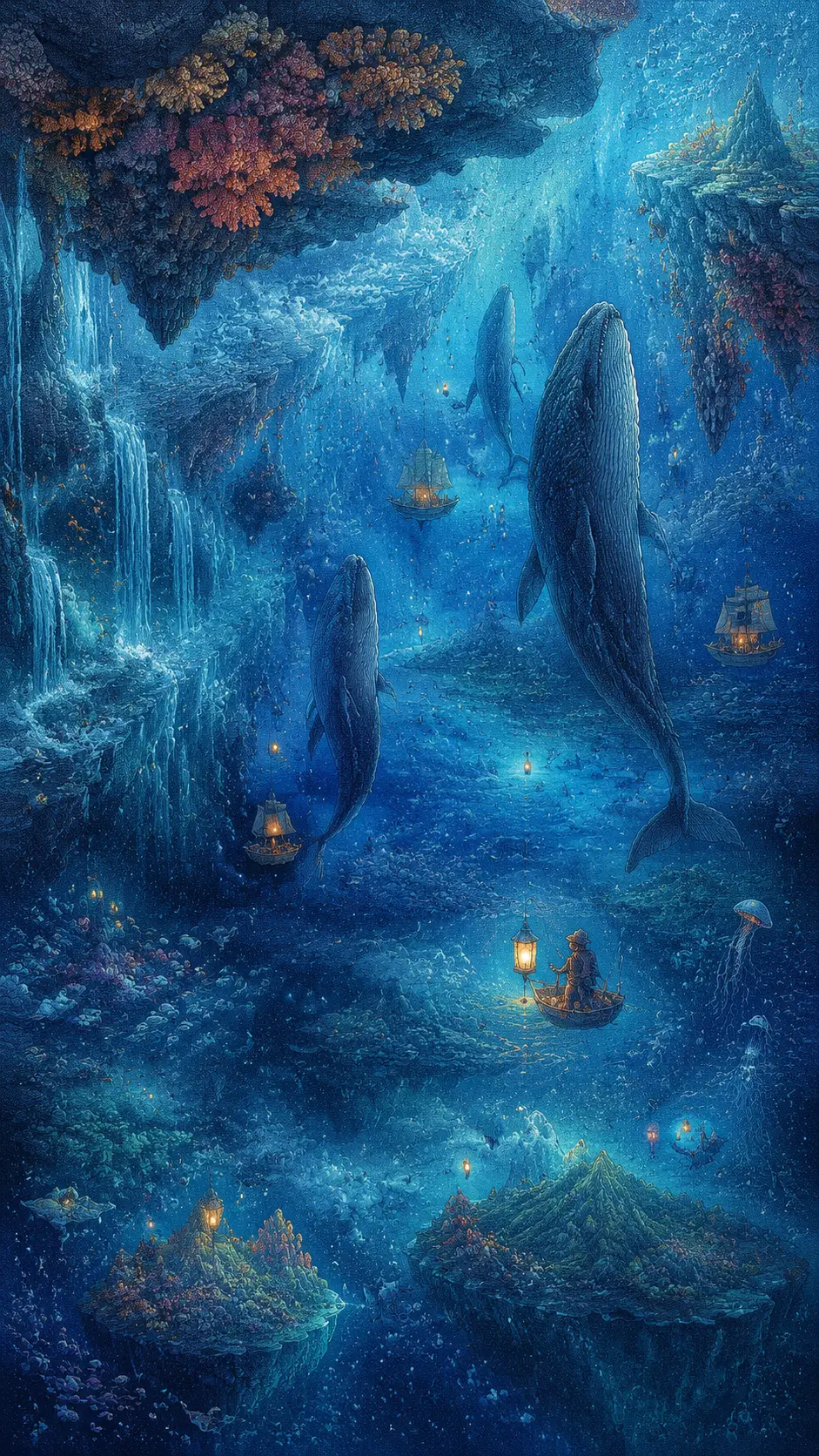 Infinite surreal ocean world with floating vessels and whales