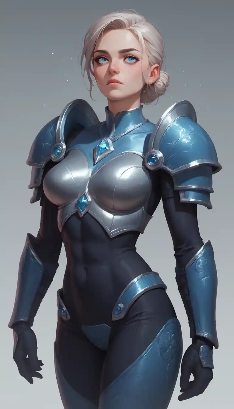 Armored anime heroine with wild platinum hair and blue eyes