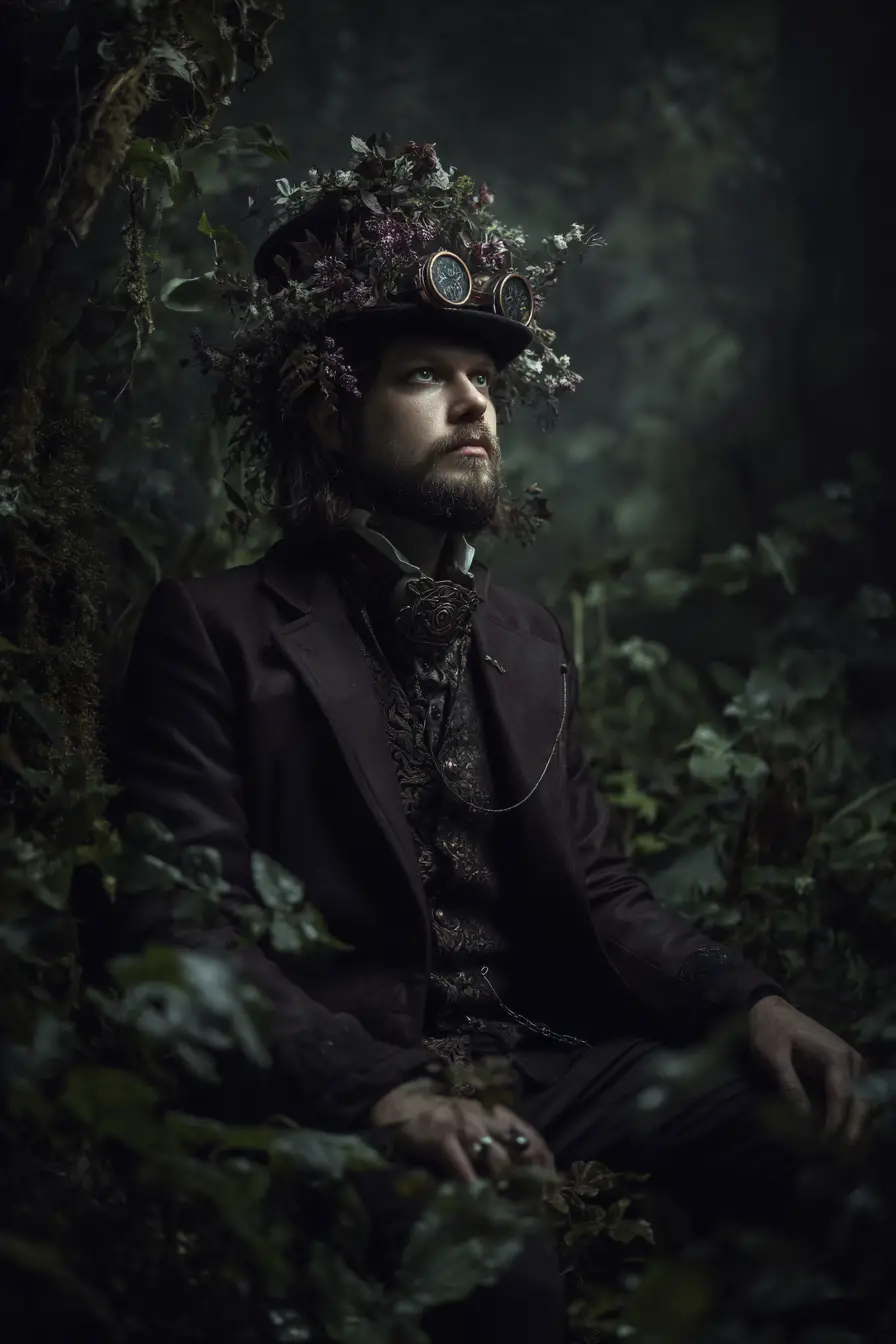 Surreal portrait of a man in a mystical steampunk forest
