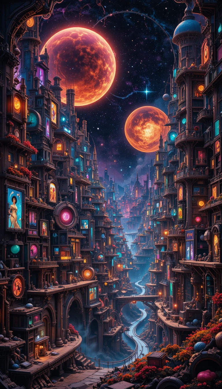 Vibrant Steampunk Cityscape With Neon Gears In Cosmic Skies