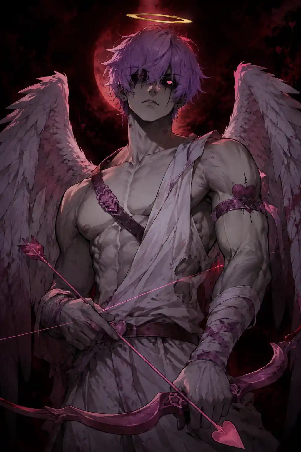 Dark cupid angel with golden halo and lilac hair