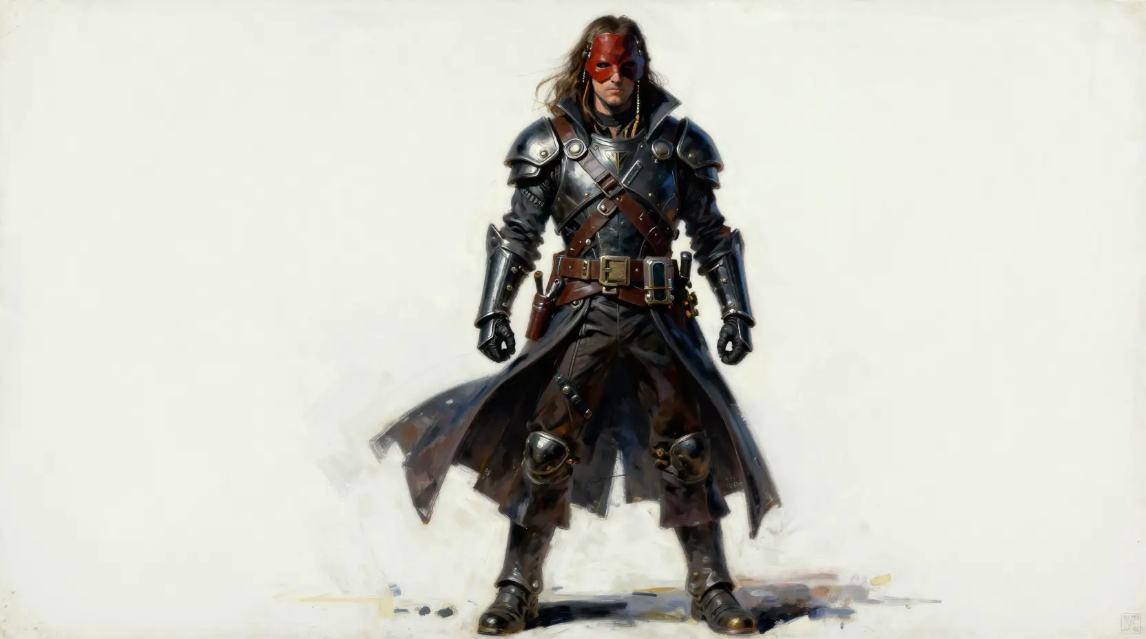 Masked space pirate in futuristic armor on white background