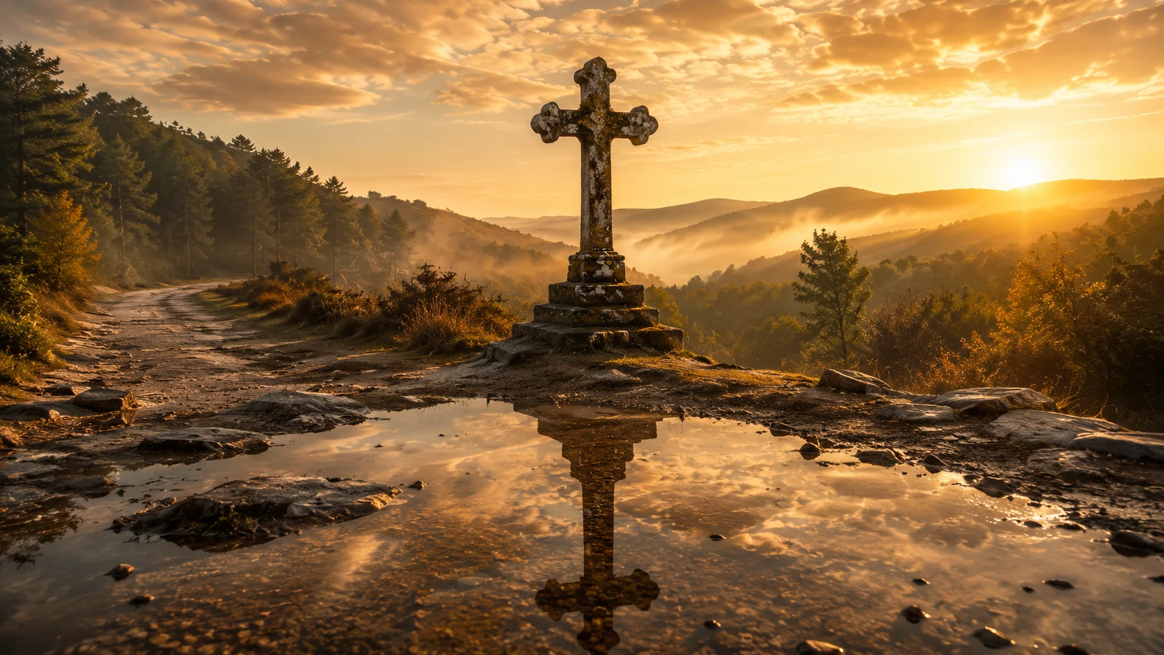 Weathered stone cross reflected in a quiet forest puddle