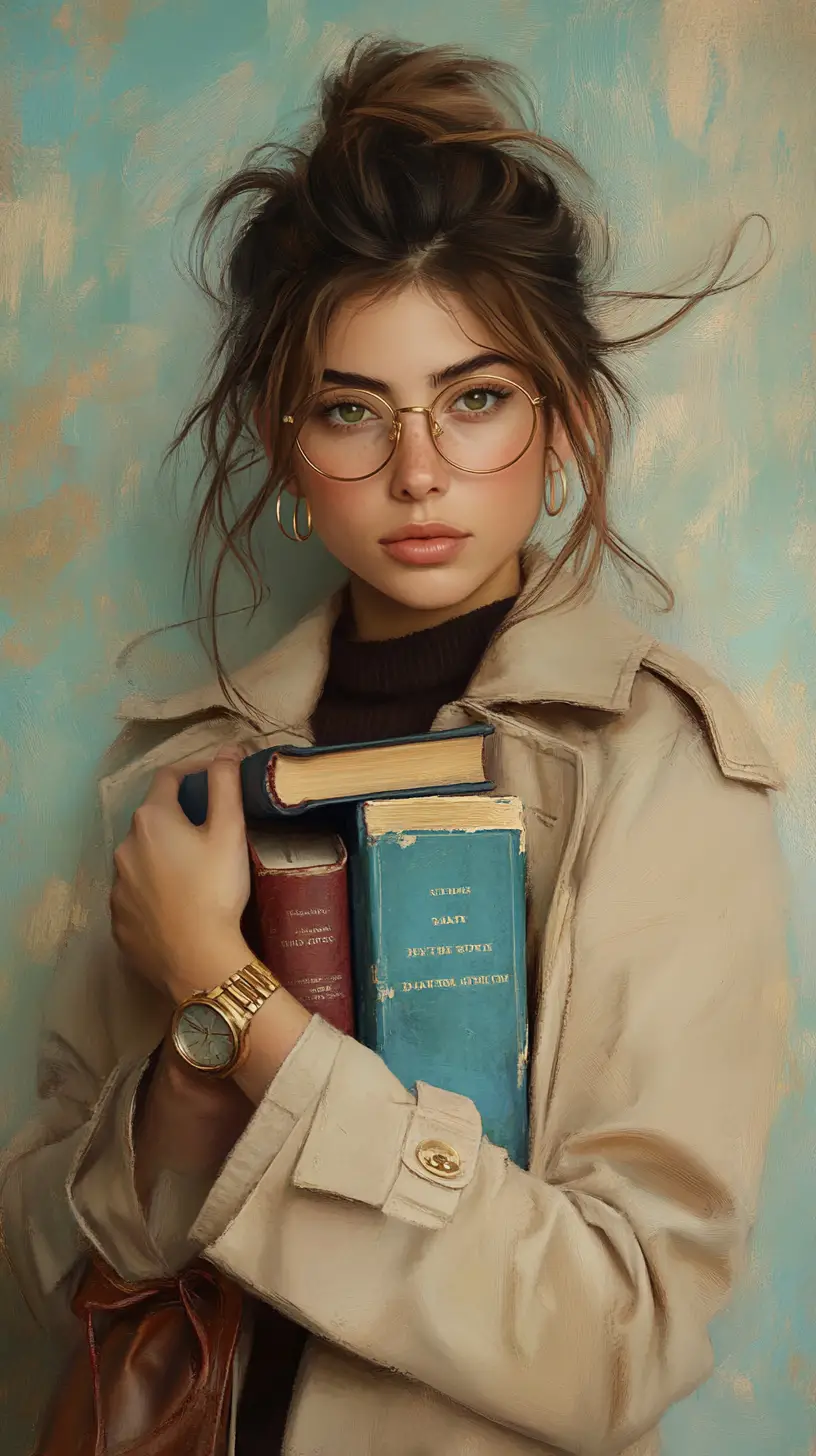 Bookish young woman in glasses holding worn books