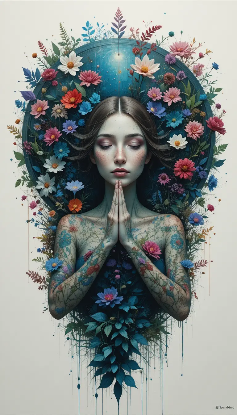 Semi abstract woman in nature forming a peaceful heart gesture