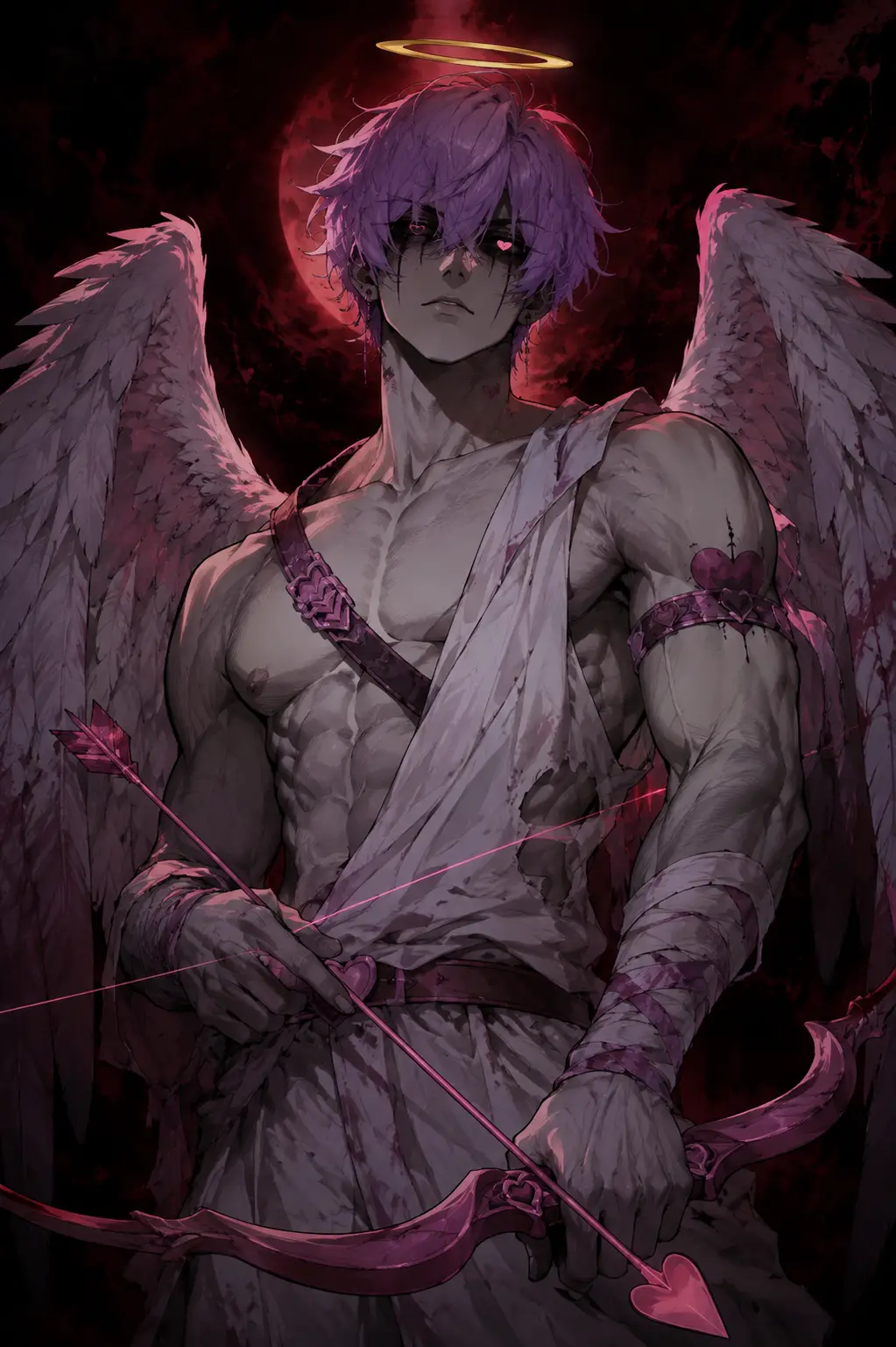 Dark cupid angel with golden halo and lilac hair
