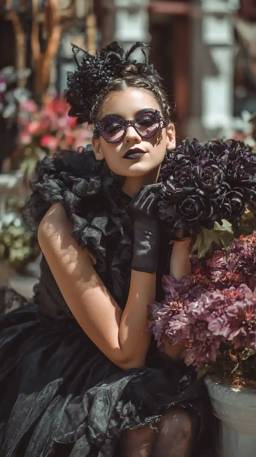 Happy woman in black in a gothic village street