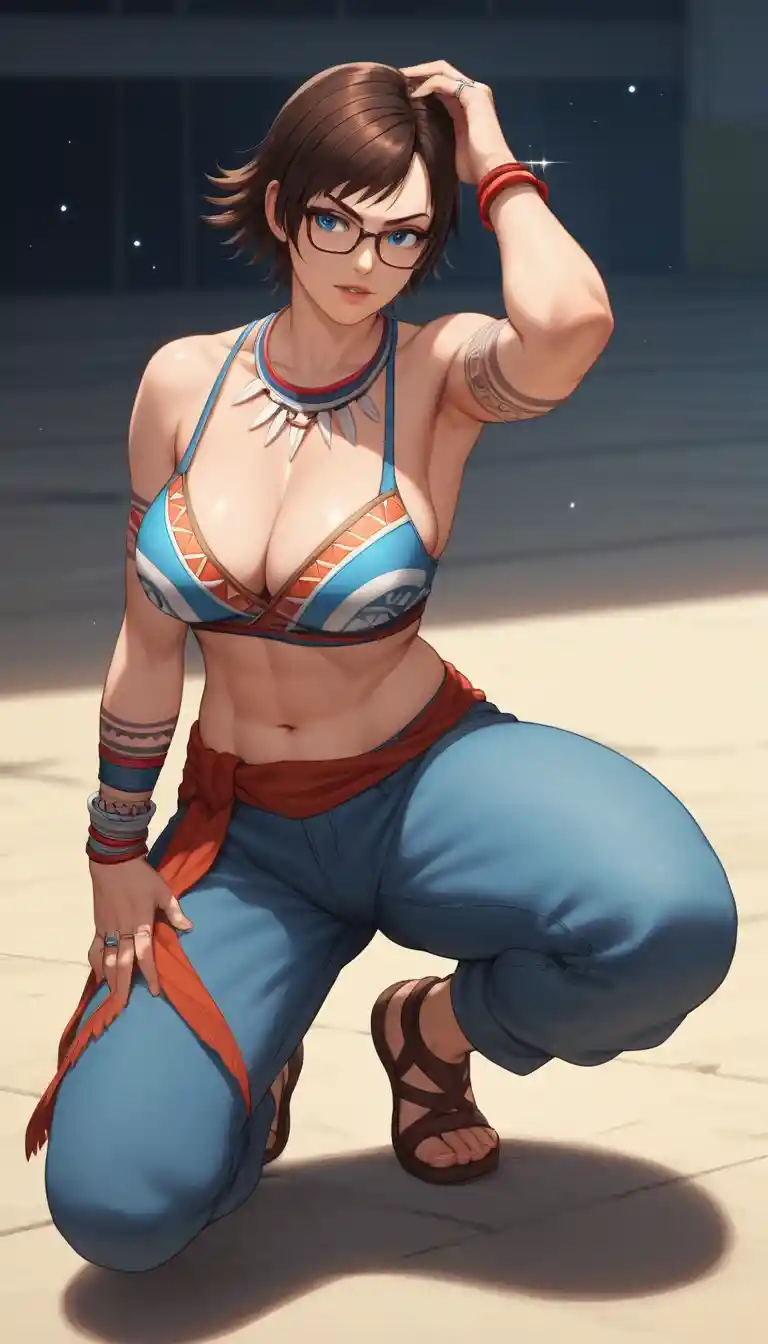 Anime warrior woman on a ring stage ready to strike