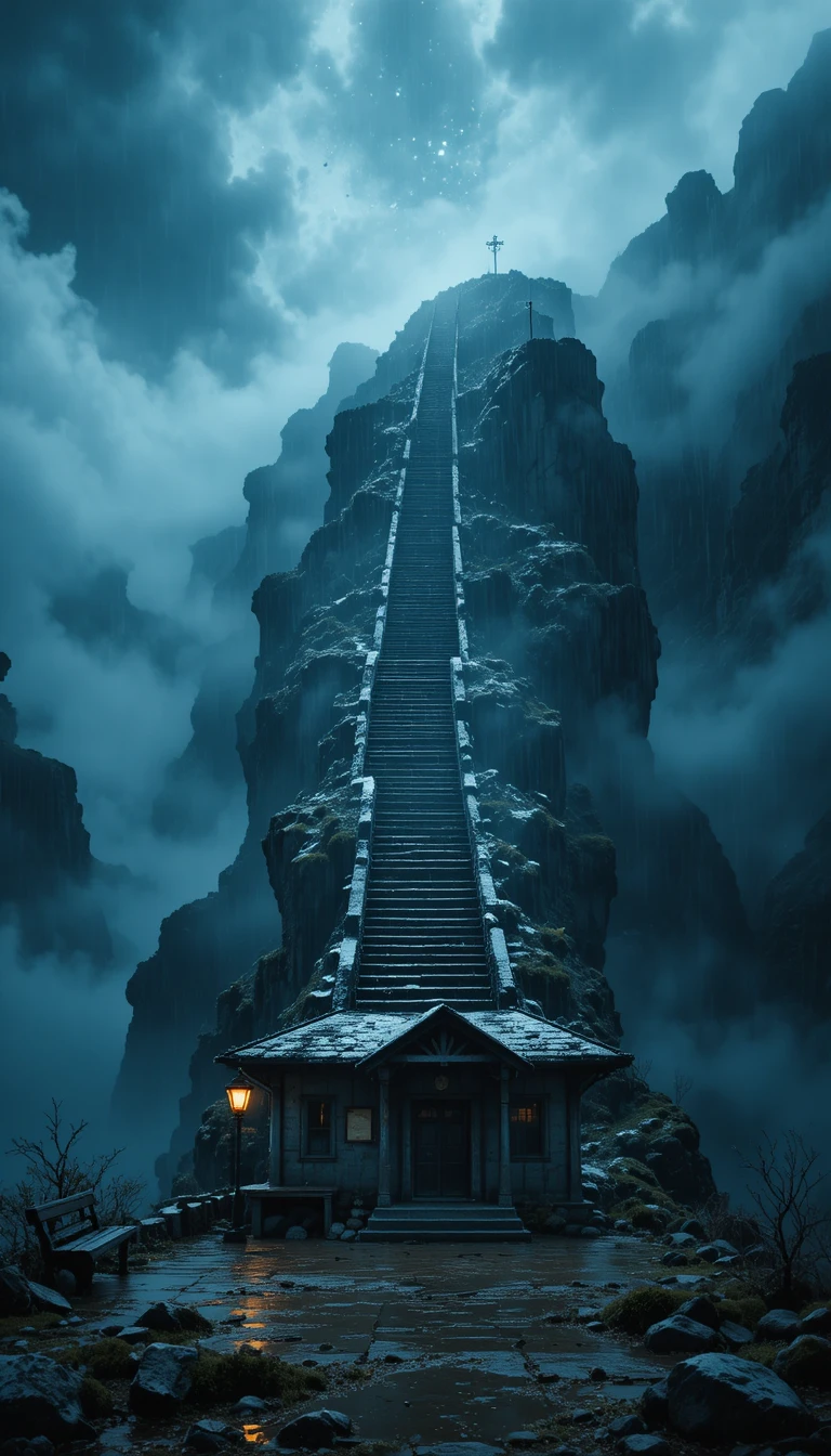 Ancient stone staircase rising from a misty mountain station
