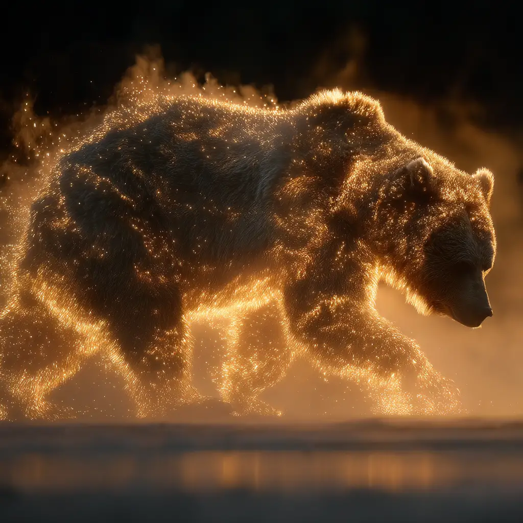 Cinematic bear emerging through fog and volumetric light rays
