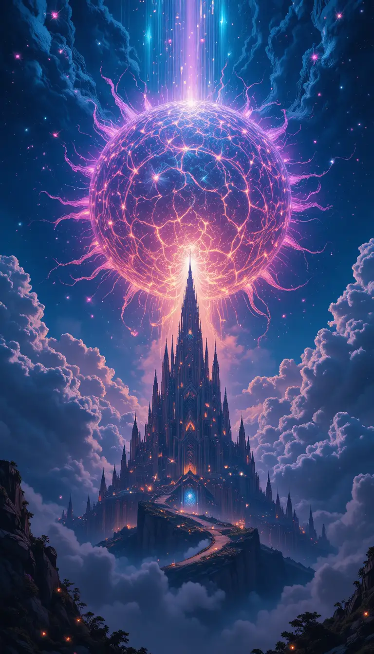Surreal fantasy city beneath a dark eclipsed sun