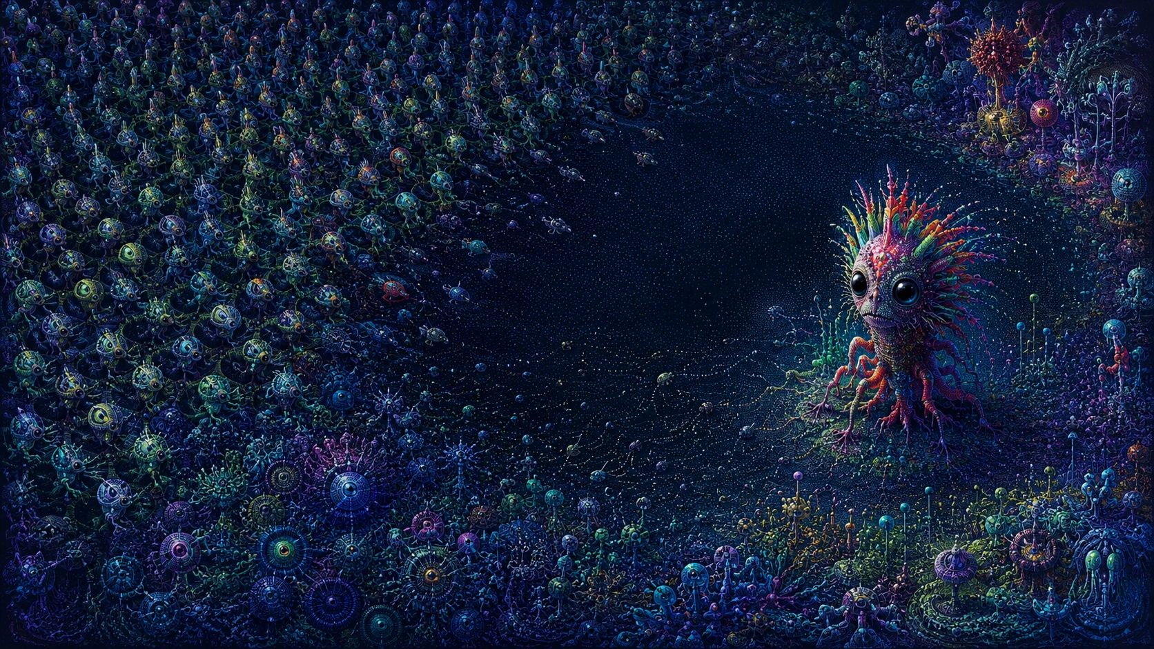 Luminous creatures forming an elegant pattern with one strange outlier