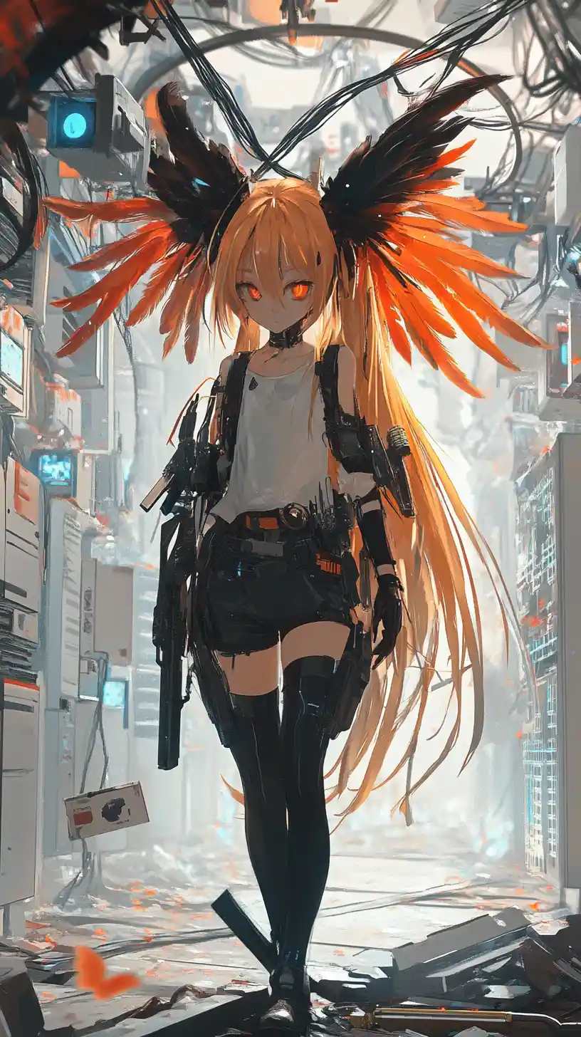 Armed anime girl walking through a dark server room