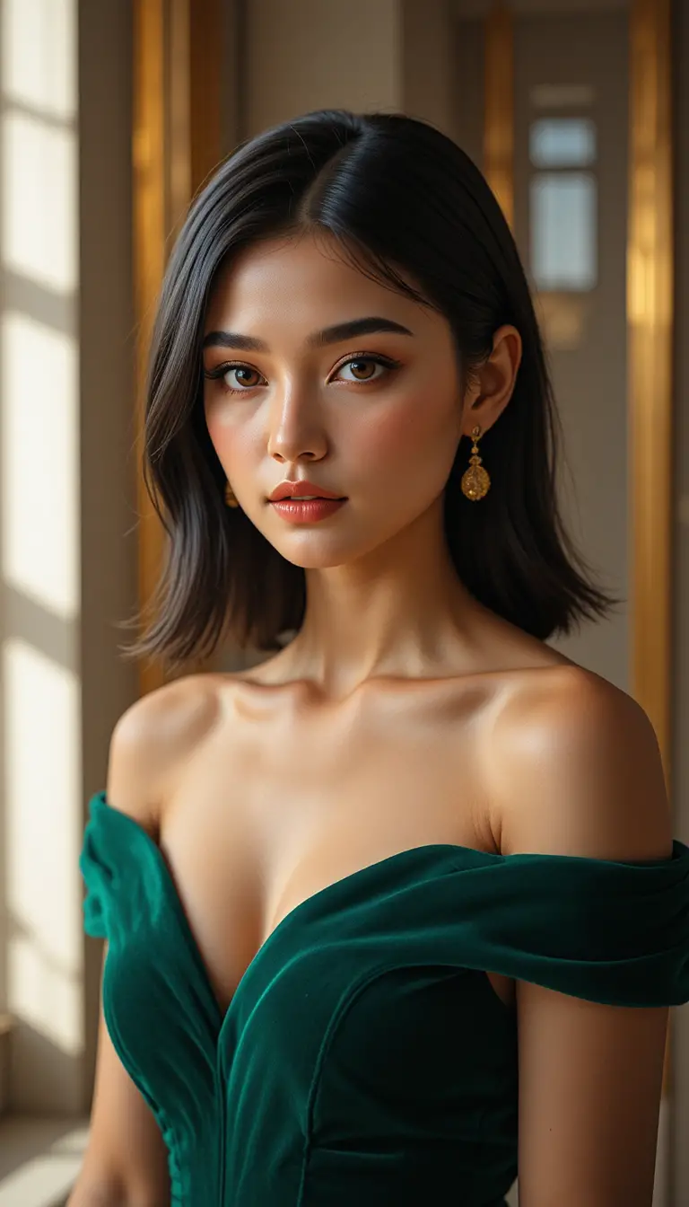 Confident woman in emerald off shoulder velvet dress portrait